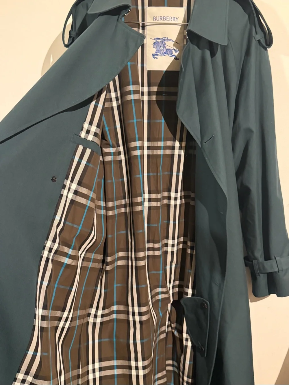 Burberry Men’s Teal Trench Coat with Signature Plaid Lining